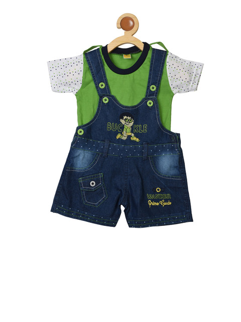 

BORN WEAR Kids Blue Solid Denim Dungaree With T-Shirt, Green