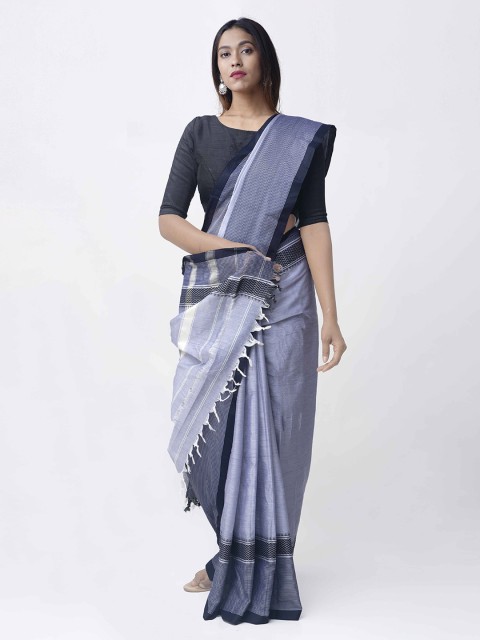 

Unnati Silks Lavender & Black Silk Cotton Striped Narayan Peth Handloom Sustainable Saree