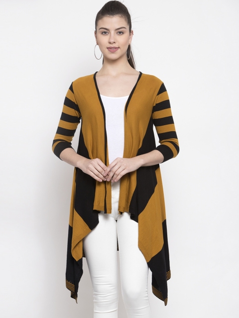 

Kalt Women Mustard Yellow & Black Colourblocked Open Front Shrug