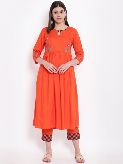 

Shakumbhari Women Orange Embroidered Kurta with Trousers