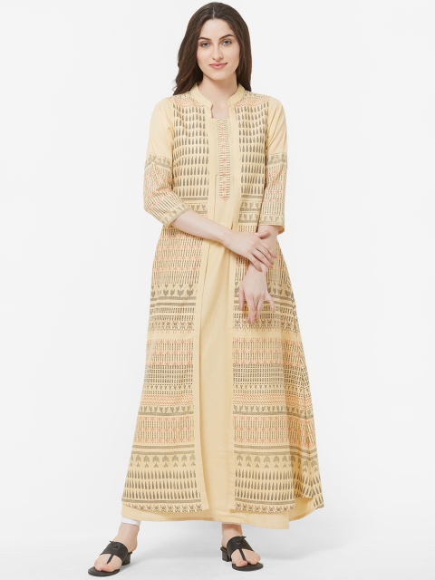 

Vedic Women Beige & Black Printed A-Line Kurta