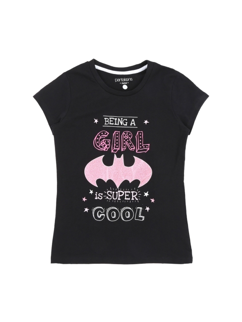 Pantaloons Junior Girls Black & Pink Printed Round Neck T-shirt