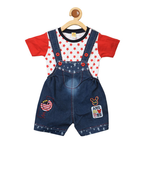 

BORN WEAR Kids Blue Solid Denim Dungaree With T-Shirt, Red