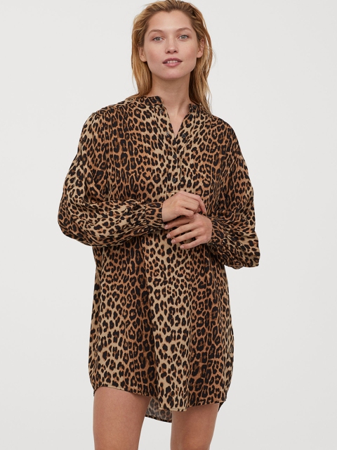 

H&M Women Brown & Black Animal Print Balloon-Sleeved Dress