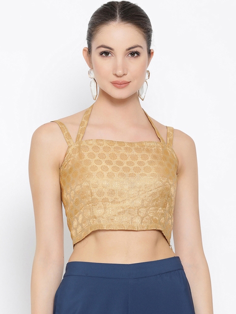 

Meee Women Beige Self Design Silk Ethnic Crop Top