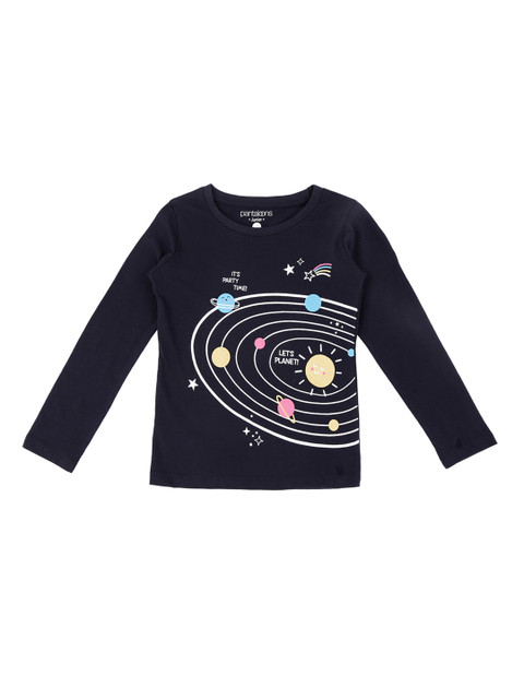 

Pantaloons Junior Girls Navy Blue White Printed Round Neck Pure Cotton T-shirt