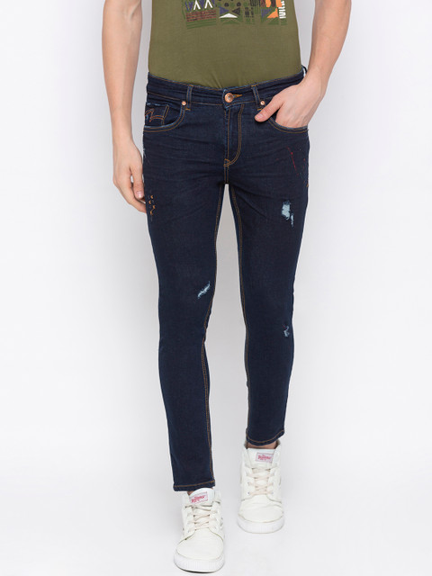 

SPYKAR Men Navy Blue Tapered Fit Mid-Rise Low Distress Jeans