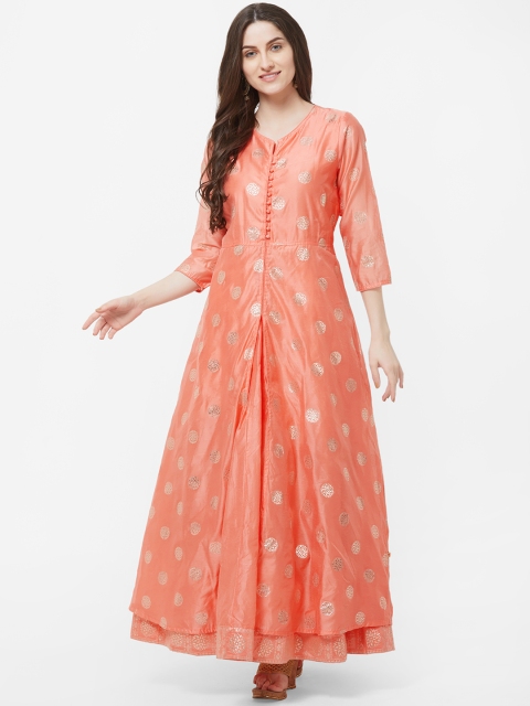

Vedic Women Peach-Coloured & Gold-Toned Printed Silk A-Line Kurta