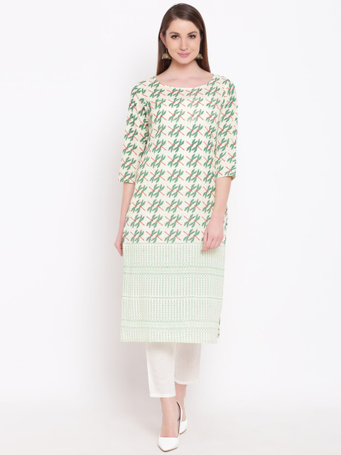 

Shakumbhari Women Off-White & Green Printed Straight Kurta