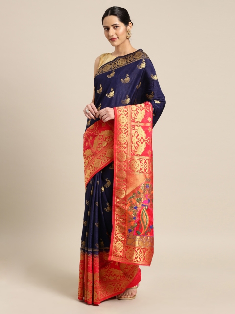 Mitera Navy Blue Silk Blend Woven Design Kanjeevaram Saree
