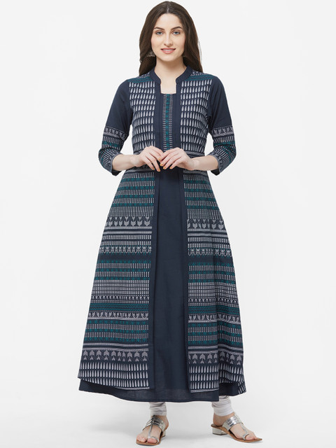 

Vedic Women Navy Blue Printed A-Line Kurta
