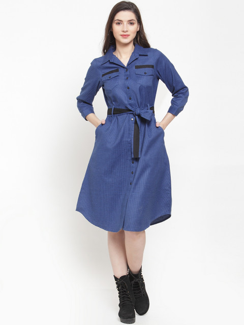 

Ayaany Women Blue Checked Shirt Dress