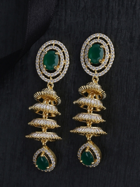 

Voylla Gold-Plated & Green CZ Studded Contemporary Drop Earrings