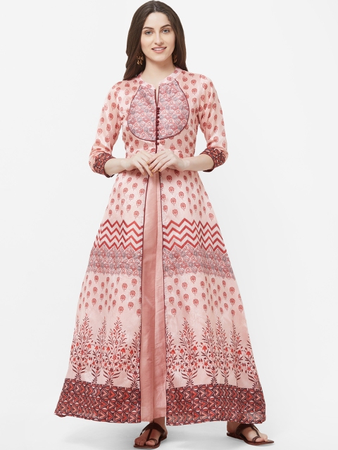 

Vedic Women Peach-Coloured Ethnic Printed Silk Maxi Dress