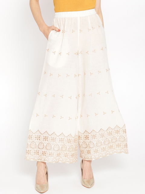

Shakumbhari Women Cream-Coloured & Gold-Coloured Self Design Wide Leg Schiffli Palazzos