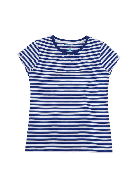 

Pantaloons Junior Girls Navy Blue White Striped Round Neck Pure Cotton T-shirt