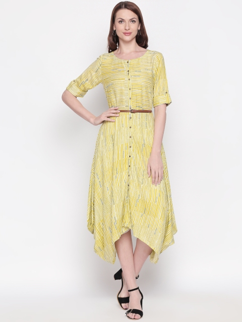 

AKKRITI BY PANTALOONS Women Yellow Striped Fit and Flare Dress