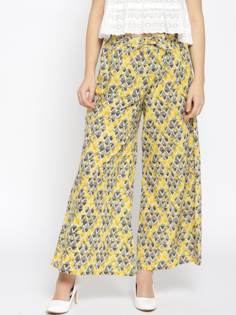 Sringam Women Yellow & Grey Printed Wide Leg Palazzos