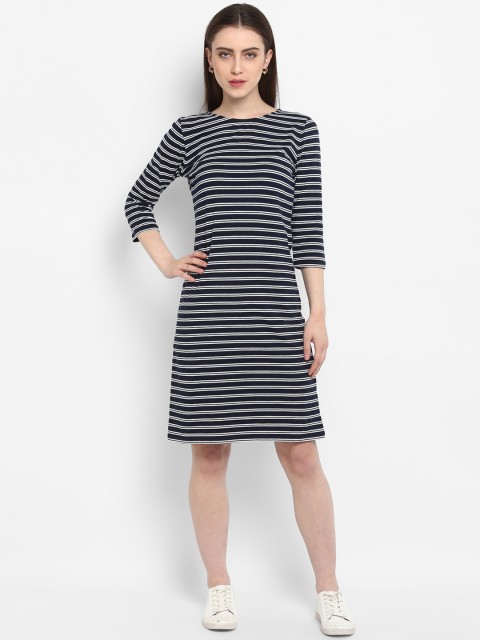 

Color Cocktail Women Navy Blue Striped T-shirt Dress