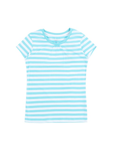 

Pantaloons Junior Girls White Turquoise Blue Striped Round Neck Pure Cotton T-shirt