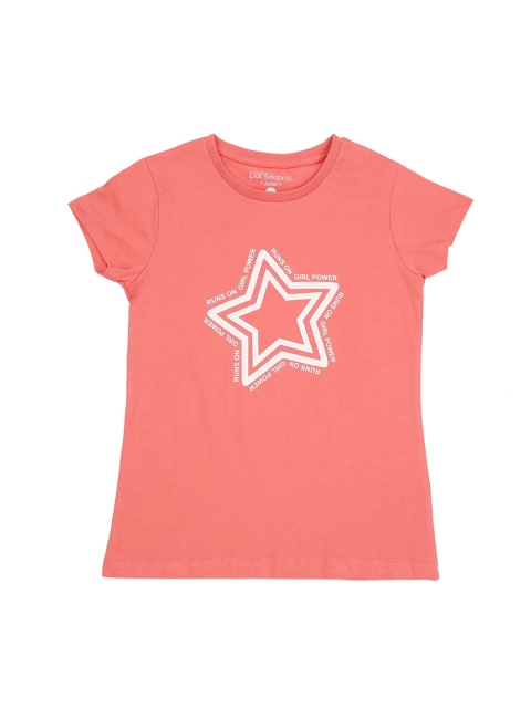 

Pantaloons Junior Girls Peach-Coloured Printed Round Neck Pure Cotton T-shirt