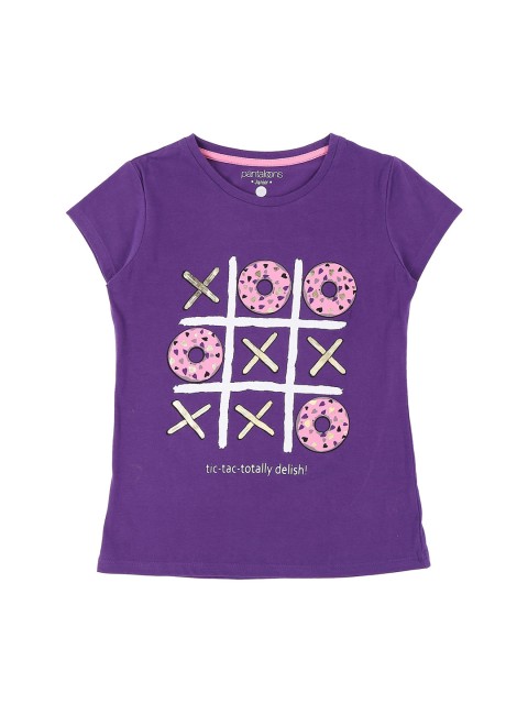 

Pantaloons Junior Girls Purple Printed Round Neck Pure Cotton T-shirt