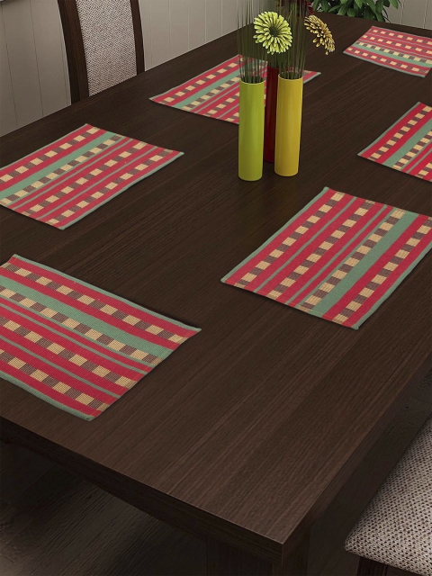 NEUDIS Set of 6 Red & Green Hand Woven Striped Table Mats