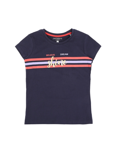 

Pantaloons Junior Girls Navy Blue Pink Striped Round Neck Pure Cotton T-shirt