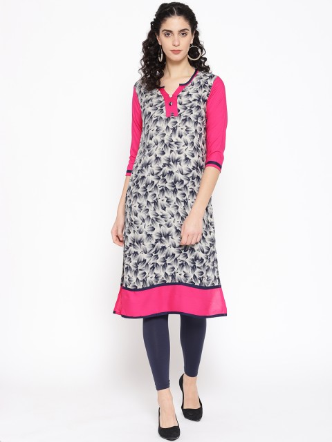 

Sringam Women Grey & Pink Printed Straight Kurta