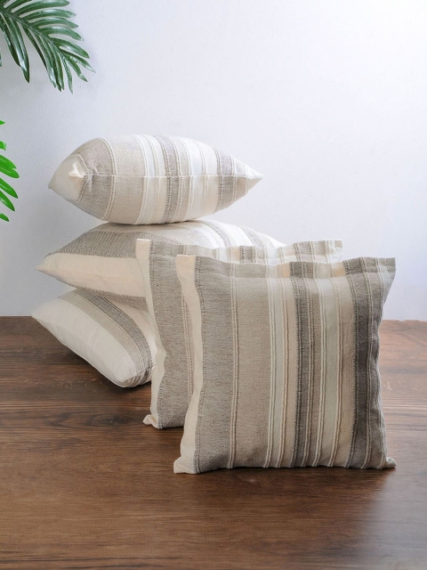 

NEUDIS Grey & Beige Set of 5 Striped Square Cushion Covers