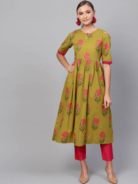 

Indo Era Women Green & Pink Printed A-Line Kurta