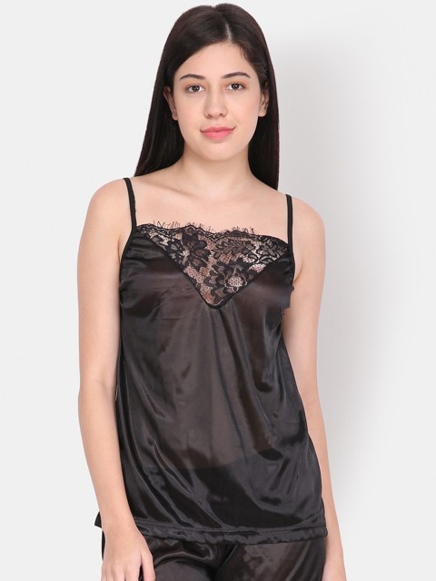

Ms.Lingies Women Black Solid Lace-Detailed Night suit