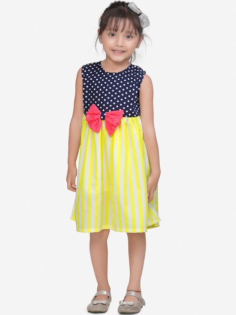 

LilPicks Girls Yellow & Blue Polka Dots Printed Fit and Flare Dress