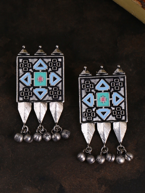 

Studio Voylla Silver-Plated & Turquoise Blue Contemporary Oxidised Drop Earrings