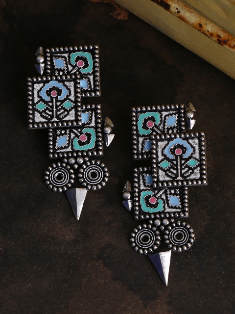 

Studio Voylla Silver-Plated & Turquoise Blue Geometric Oxidised Drop Earrings