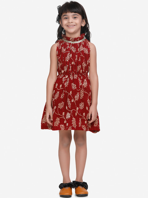 

LilPicks Girls Maroon Floral Printed Fit and Flare Dress