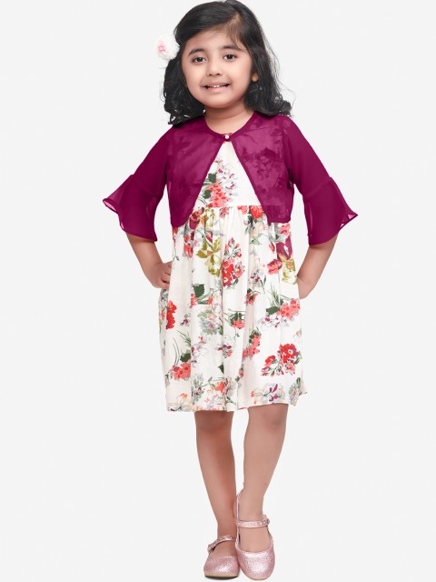 

LilPicks Girls Off-White Printed Fit and Flare Dress With Shrug
