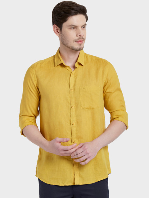 

ColorPlus Men Mustard Yellow Tailored Fit Solid Casual Linen Shirt