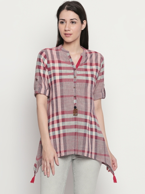 

AKKRITI BY PANTALOONS Women Red Checked Longline Shirt Style Top
