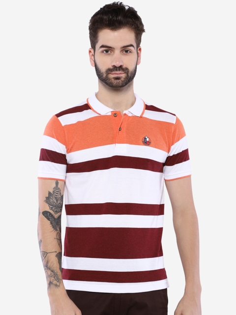 

Duke Men White & Maroon Striped Polo Collar T-shirt