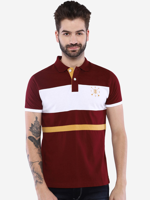 

Duke Men Maroon Striped Polo Collar T-shirt