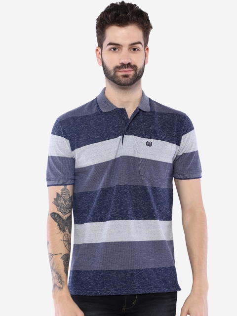 

Duke Men Blue & Grey Striped Polo Collar T-shirt