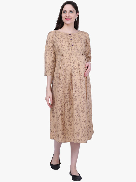

MomToBe Women Beige Printed Fit and Flare Feeding Maternity Dress