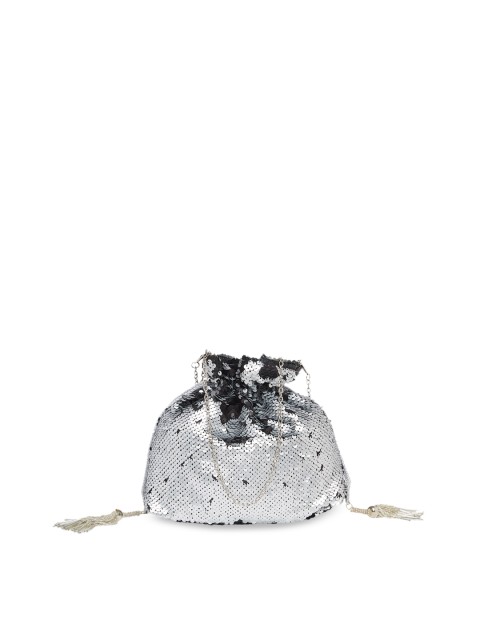 

Tarusa Silver-Toned & Black Sequinned Embellished Clutch