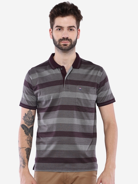 

Duke Men Grey & Burgundy Striped Polo Collar T-shirt