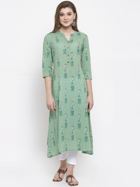 

ANAISA Women Green & White Printed A-Line Kurta