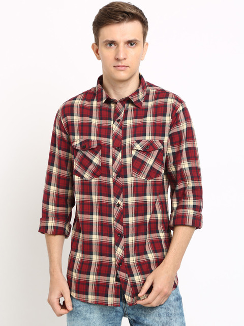 

TED HARBOR Men Red & Beige Slim Fit Checked Casual Shirt