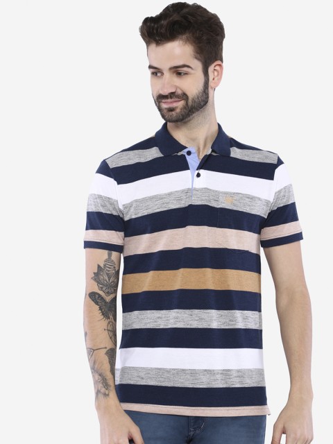 

Duke Men Navy Blue Striped Polo Collar T-shirt