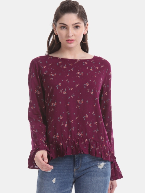 

Aeropostale Women Burgundy Printed Peplum Top