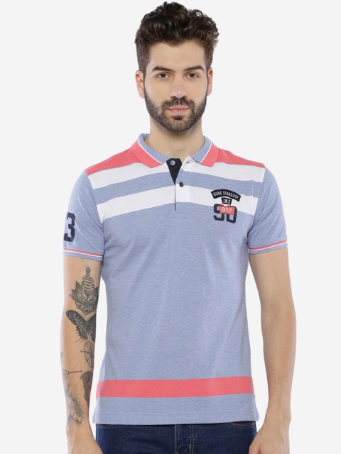 

Duke Men Blue & White Striped Polo Collar T-shirt